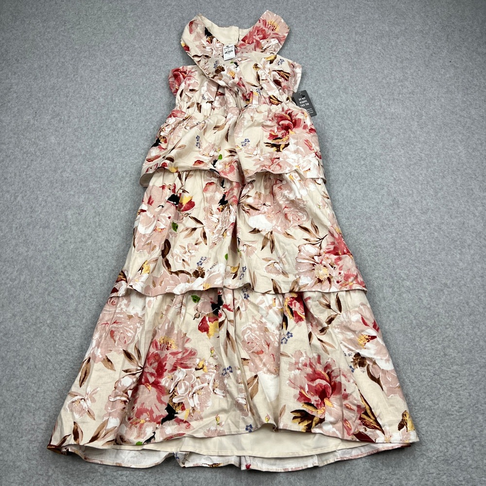 *NEW Express Dress Women's Small Beige Floral Linen Tiered Halter Maxi Summer‎